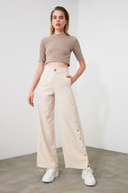 Trendyolmilla Taş Wide Leg/Geniş Paça Yanları Düğmeli Dokuma Kumaş Pantolon TWOSS20PL0398