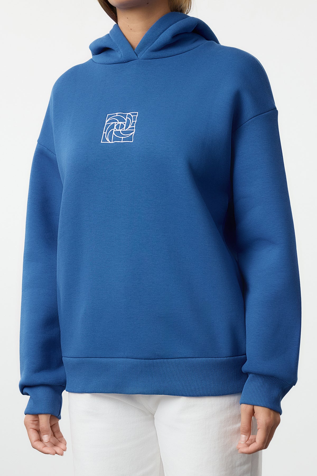 Trendyolmilla Saks Oversize/Geniş Kalıp Nakışlı Kalın İçi Polarlı Örme Sweatshirt TWOAW25SW00070
