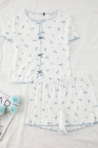 Trendyolmilla Beyaz %100 Pamuklu Çiçekli Kurdele/Fiyonklu Fitilli Şortlu Örme Pijama Takımı THMSS25PT00434