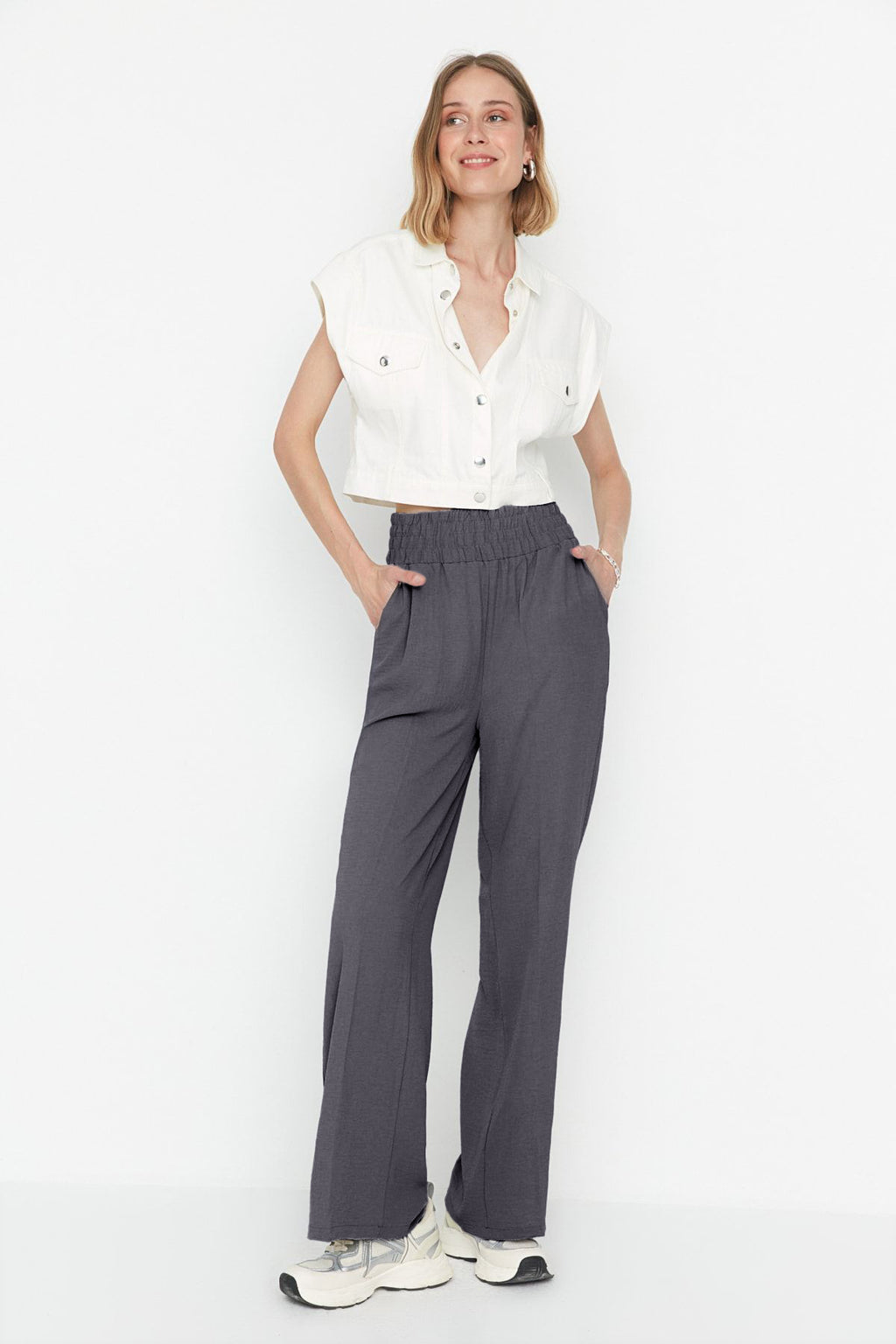 Trendyolmilla Lacivert Wide Leg/Geniş Paça Beli Lastikli Dokuma Pantolon TWOSS22PL00024