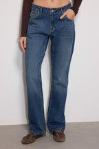 Koyu Mavi Düşük Bel Düz Kesim Straight %100 Pamuk Non-Stretch Jeans TWOSS24JE00100