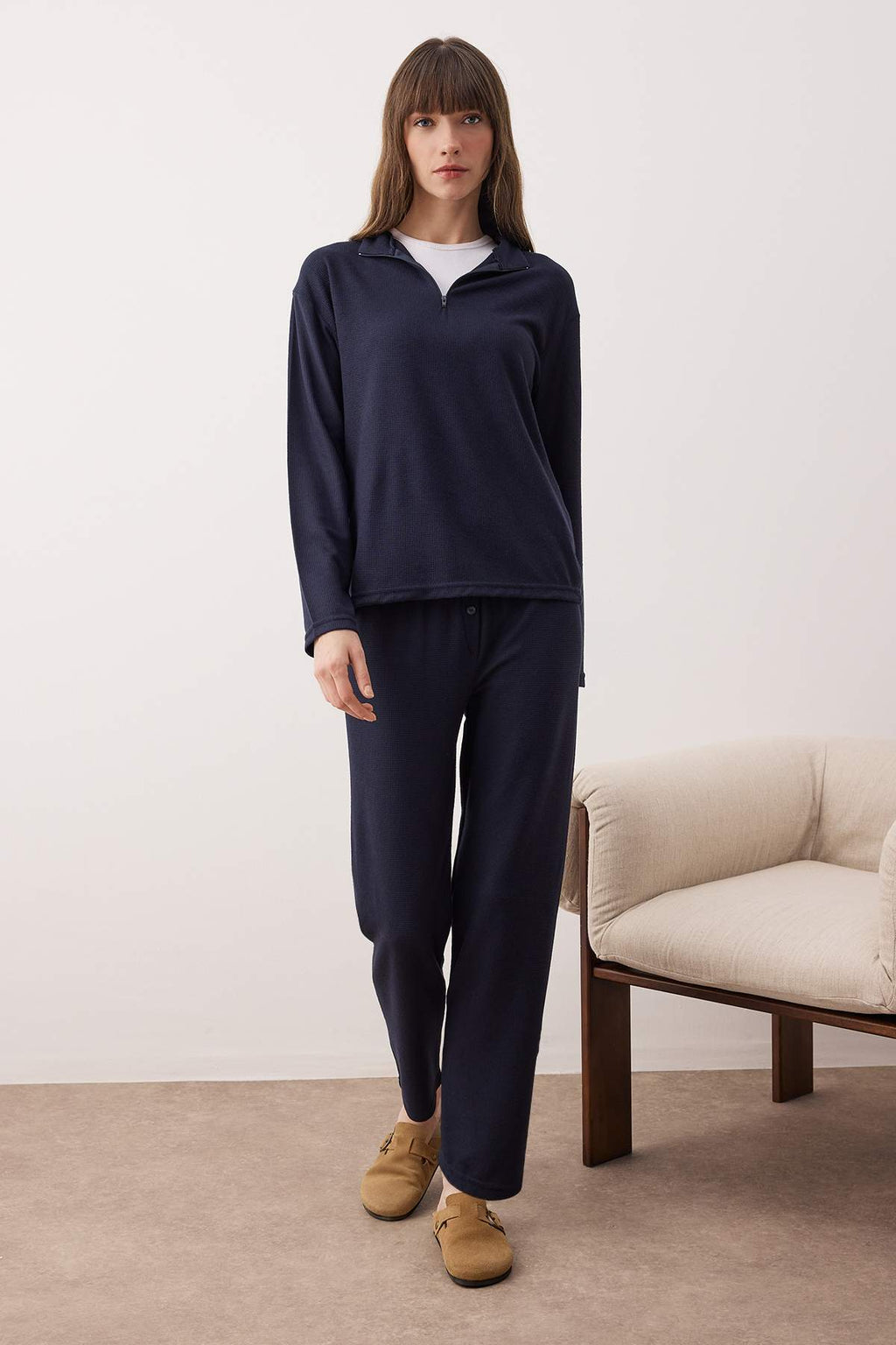 Trendyolmilla Lacivert Fermuarlı Yumuşak Kışlık Waffle Örme Pijama Takımı THMAW26PT00186
