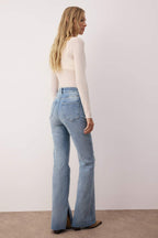 Trendyolmilla Mavi Yırtmaç Detaylı Yüksek Bel Comfort/Esnek Flare İspanyol Paça Jeans TWOAW26JE00022
