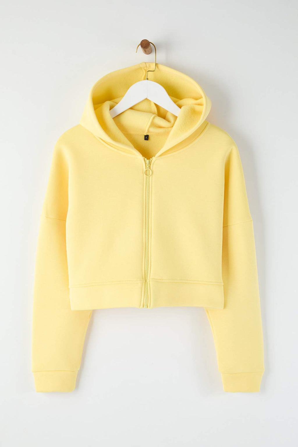 Trendyolmilla Açık Sarı Fermuarlı Kapüşonlu Rahat Kesim Crop Kalın İçi Polarlı Örme Sweatshirt TWOAW20SW0660