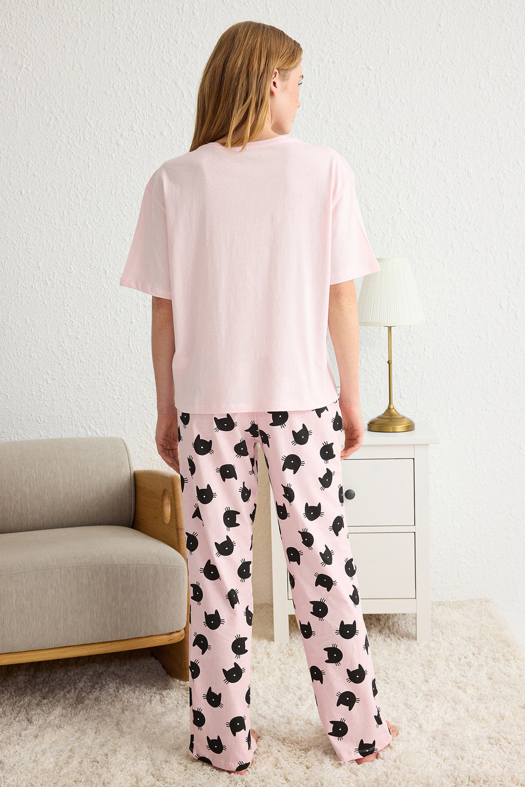 Pembe %100 Pamuklu Kedi Desenli Örme Pijama Takımı THMSS25PT00161
