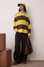 Trendyolmilla Kahverengi Çizgili Polo Yaka Oversize/Geniş Kalıp Örme Sweatshirt TWOAW26SW00051
