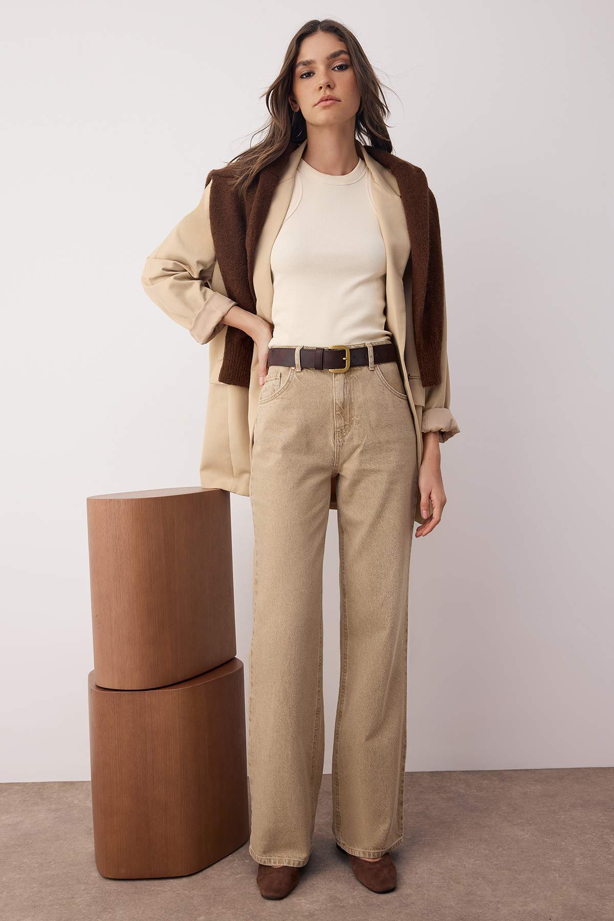 Bej Yüksek Bel Vintage Yıkama Geniş Paça Wide Leg %100 Pamuk Non-Stretch Jeans TWOAW26JE00125 Main image