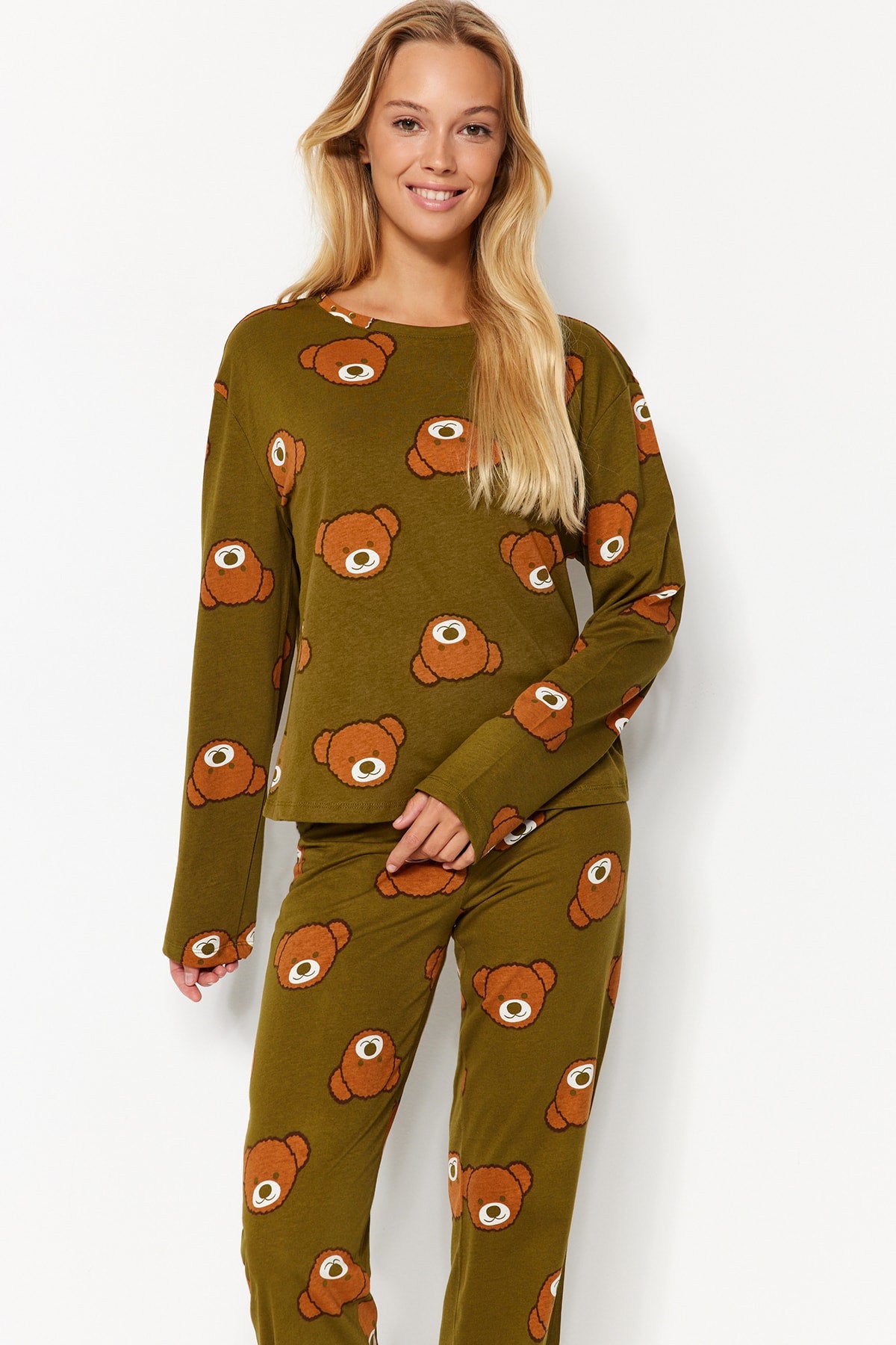Trendyolmilla Haki %100 Pamuklu Ayıcıklı Desenli Örme Pijama Takımı THMAW23PT00514 Main image