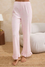 Pembe %100 Pamuklu Çizgili ve Kurdeleli Fırfırlı Örme Pijama Takımı THMSS26PT00013