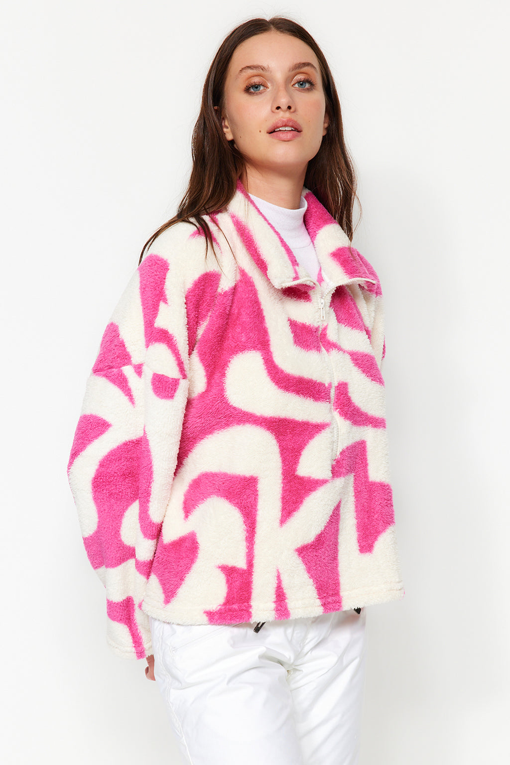Fuşya Kalın Polar Desenli Fermuarlı Dik Yaka Uzun Kol Örme Sweatshirt TWOAW24SW00045