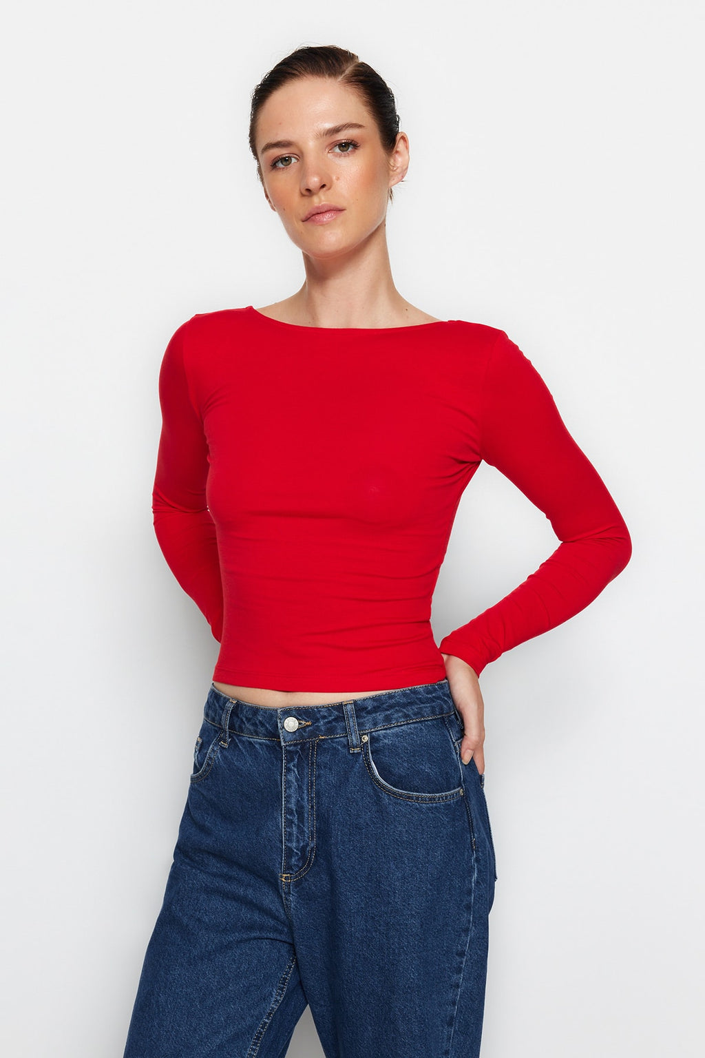 Trendyolmilla Kırmızı Pamuklu Esnek Sırt Dekolteli Fitted/Vücuda Oturan Esnek Bluz TWOAW24BZ00160