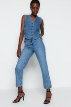 Trendyolmilla Mavi Yüksek Bel Düz Kesim Straight %100 Pamuk Non-Stretch Jeans TWOSS23JE00089