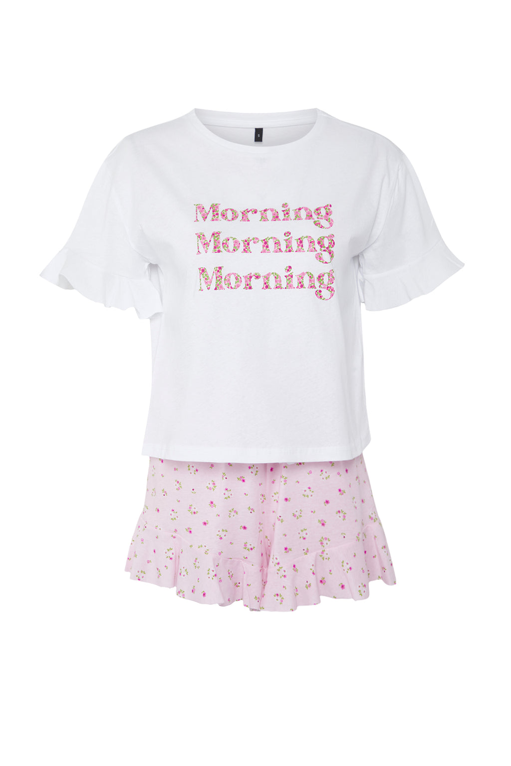 Trendyolmilla Pembe-Çok Renkli %100 Pamuklu Çiçekli ve Sloganlı Volanlı Şortlu Örme Pijama Takımı THMSS25PT00204