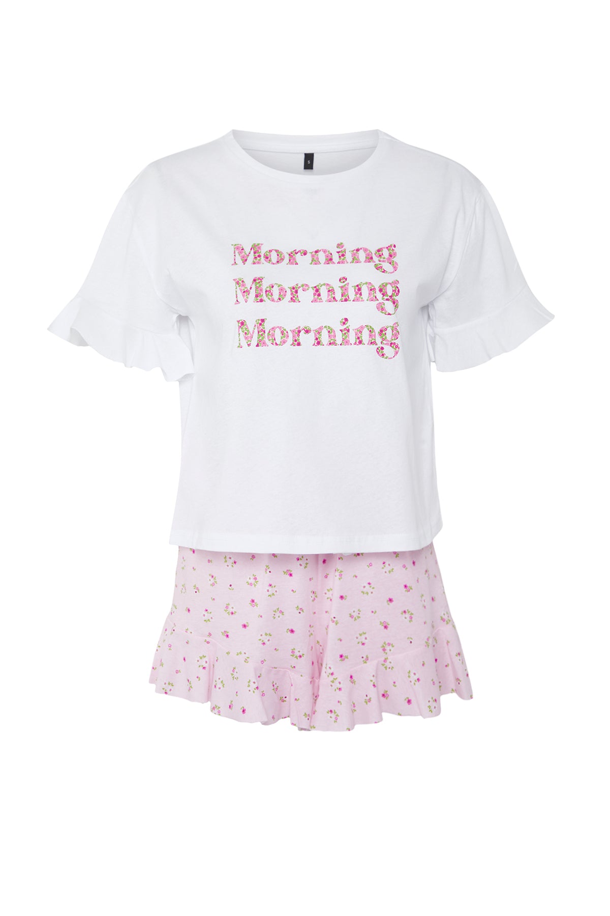 Trendyolmilla Pembe-Çok Renkli %100 Pamuklu Çiçekli ve Sloganlı Volanlı Şortlu Örme Pijama Takımı THMSS25PT00204