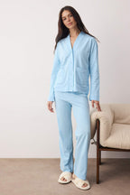 Mavi %100 Pamuklu Cep ve Manşetli Örme Pijama Takımı THMAW26PT00230