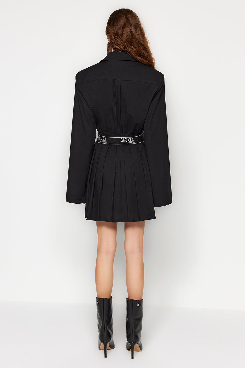 X Sagaza Studio Siyah Belden Açılan/Skater Beli Lastikli Piliseli Poplin Elbise TCLAW24EL00000
