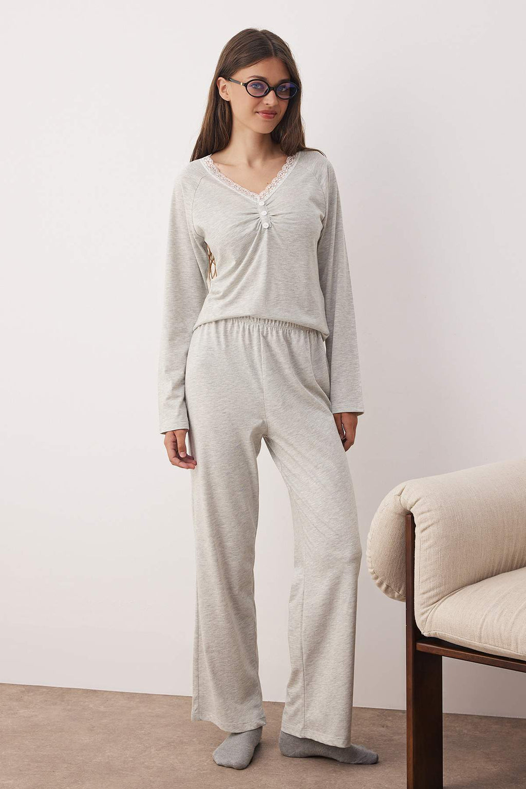 Trendyolmilla Pembe Pamuklu Dantel Detaylı Örme Pijama Takımı THMAW26PT00051