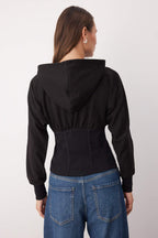Siyah Fermuarlı Kapüşonlu Belden Oturmalı Esnek Örme Sweatshirt TWOAW26SW00012