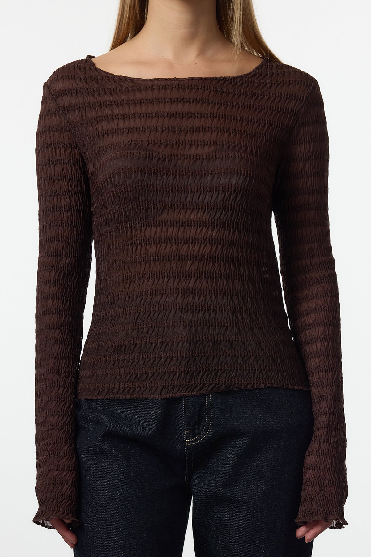 Trendyolmilla Bordo Fitted/Vücuda Oturan Dokulu Tül Esnek Örme Bluz TWOAW25BZ00207