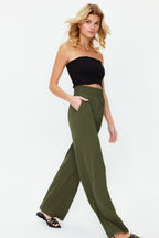 Trendyolmilla Haki Wide Leg/Geniş Paça Beli Lastikli Dokuma Pantolon TWOSS22PL00024