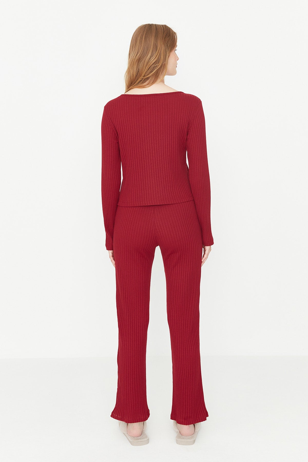 Trendyolmilla Bordo Slogan Lastik Detaylı Fitilli Örme Pijama Takımı THMAW21PT0269