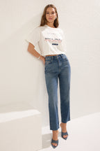 Trendyolmilla Haki Paçası Kesikli Yüksek Bel Straight Jeans TWOAW25JE00307