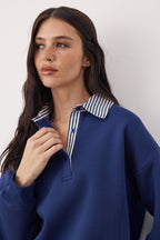 Trendyolmilla Ekru Oversize/Geniş Kalıp Dokuma Garni Detaylı Polo Yaka Örme Sweatshirt TWOAW26SW00116