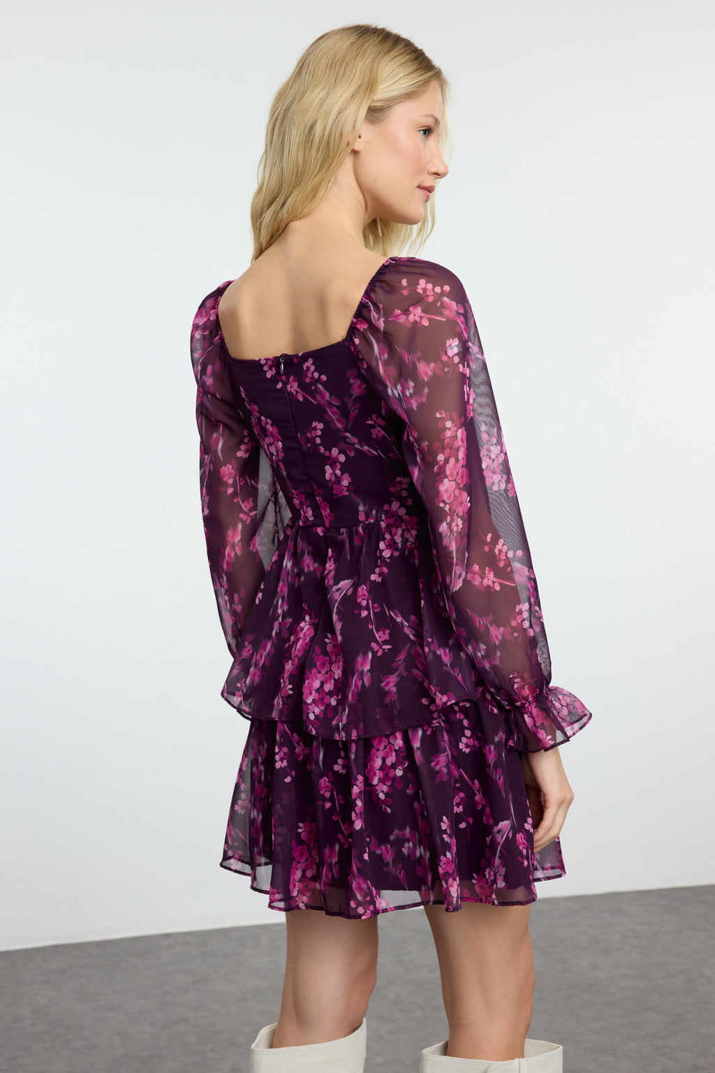 Trendyolmilla Mürdüm Çiçekli Fırfırlı Boho Mini Dokuma Elbise TWOAW23EL01455