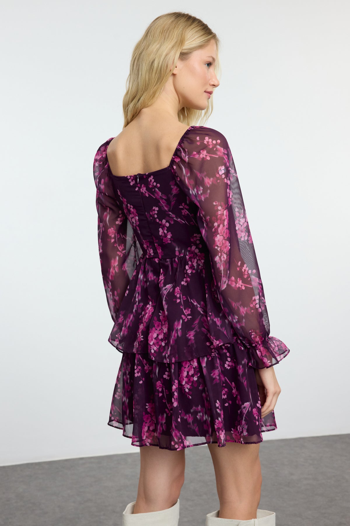 Trendyolmilla Mürdüm Çiçekli Fırfırlı Boho Mini Dokuma Elbise TWOAW23EL01455