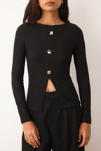 Siyah  Ottoman Dik Yaka Düğmeli Uzun Kol Vücuda Oturan Örme Bluz TWOAW26BZ00191