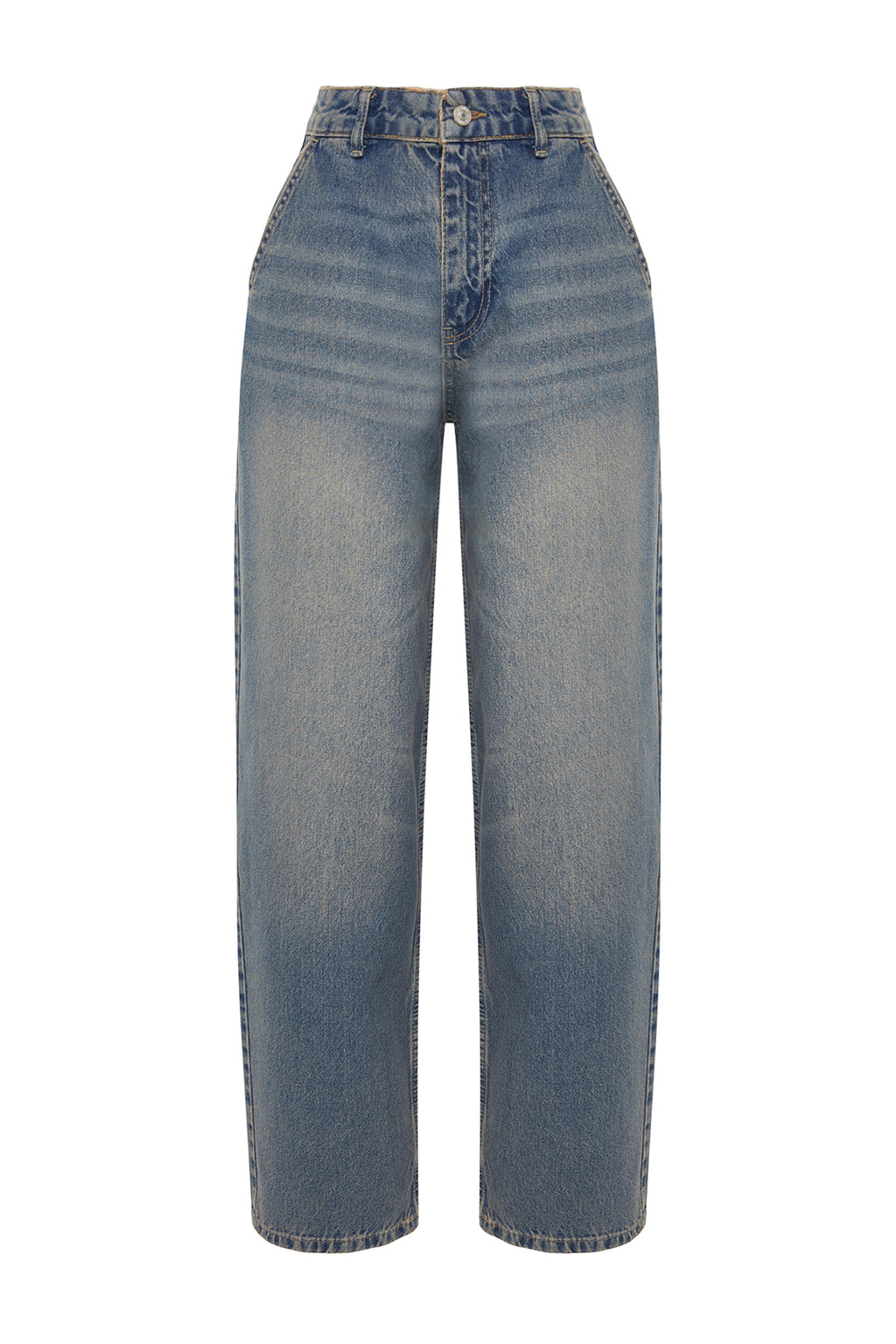 Koyu Mavi Soluk Efektli Vintage Düşük Bel Skater Baggy Jeans TWOSS24JE00052