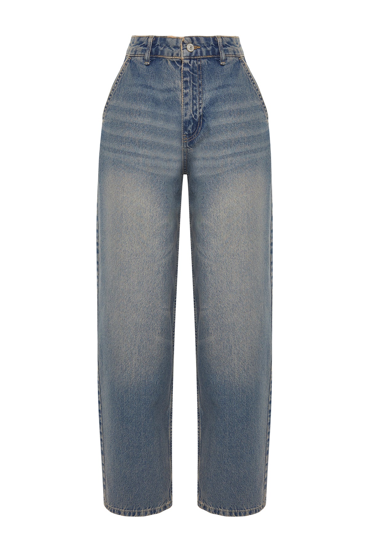Koyu Mavi Soluk Efektli Vintage Düşük Bel Skater Baggy Jeans TWOSS24JE00052