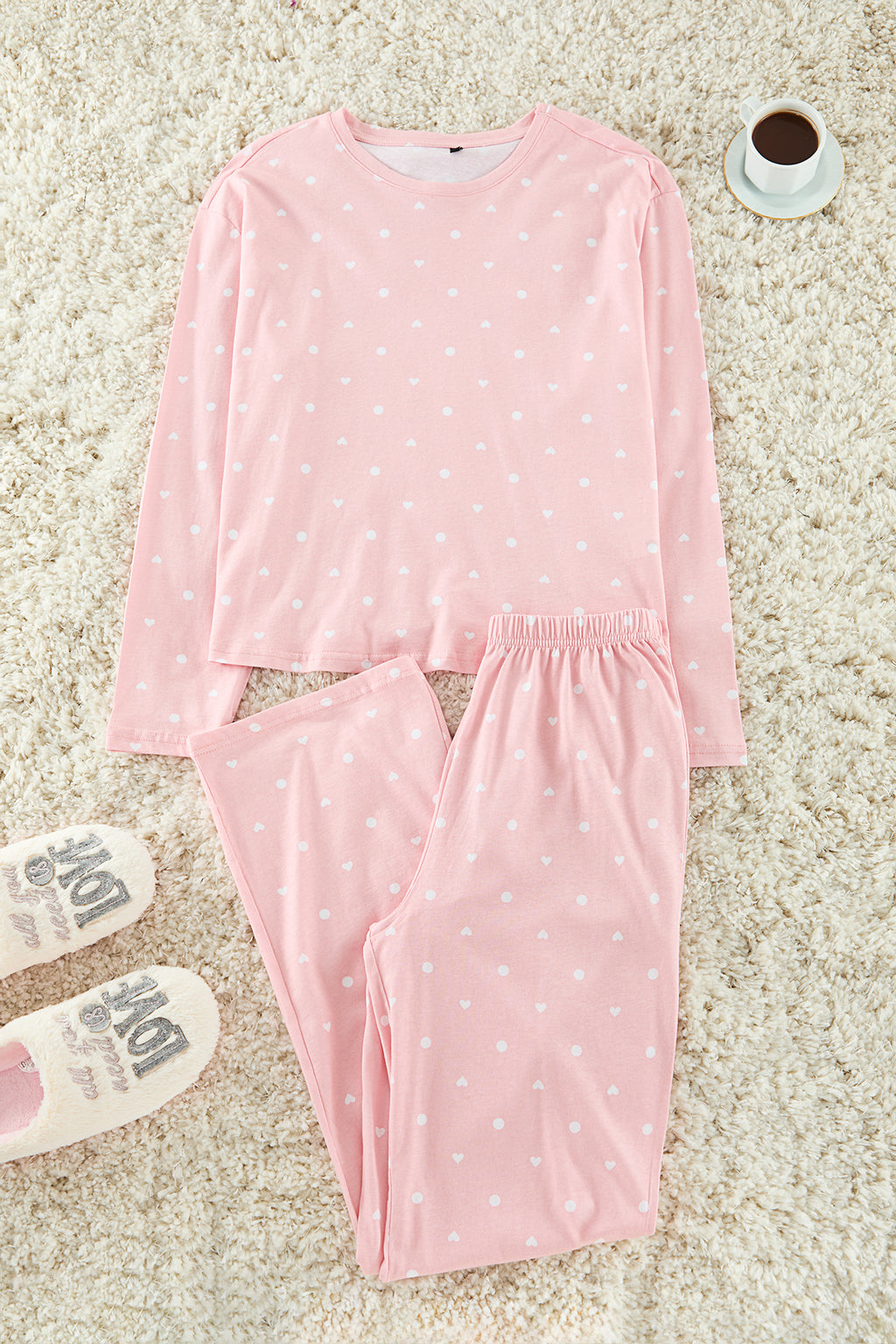 Trendyolmilla Kahverengi %100 Pamuklu Puantiye ve Kalpli Örme Pijama Takımı THMAW25PT00039