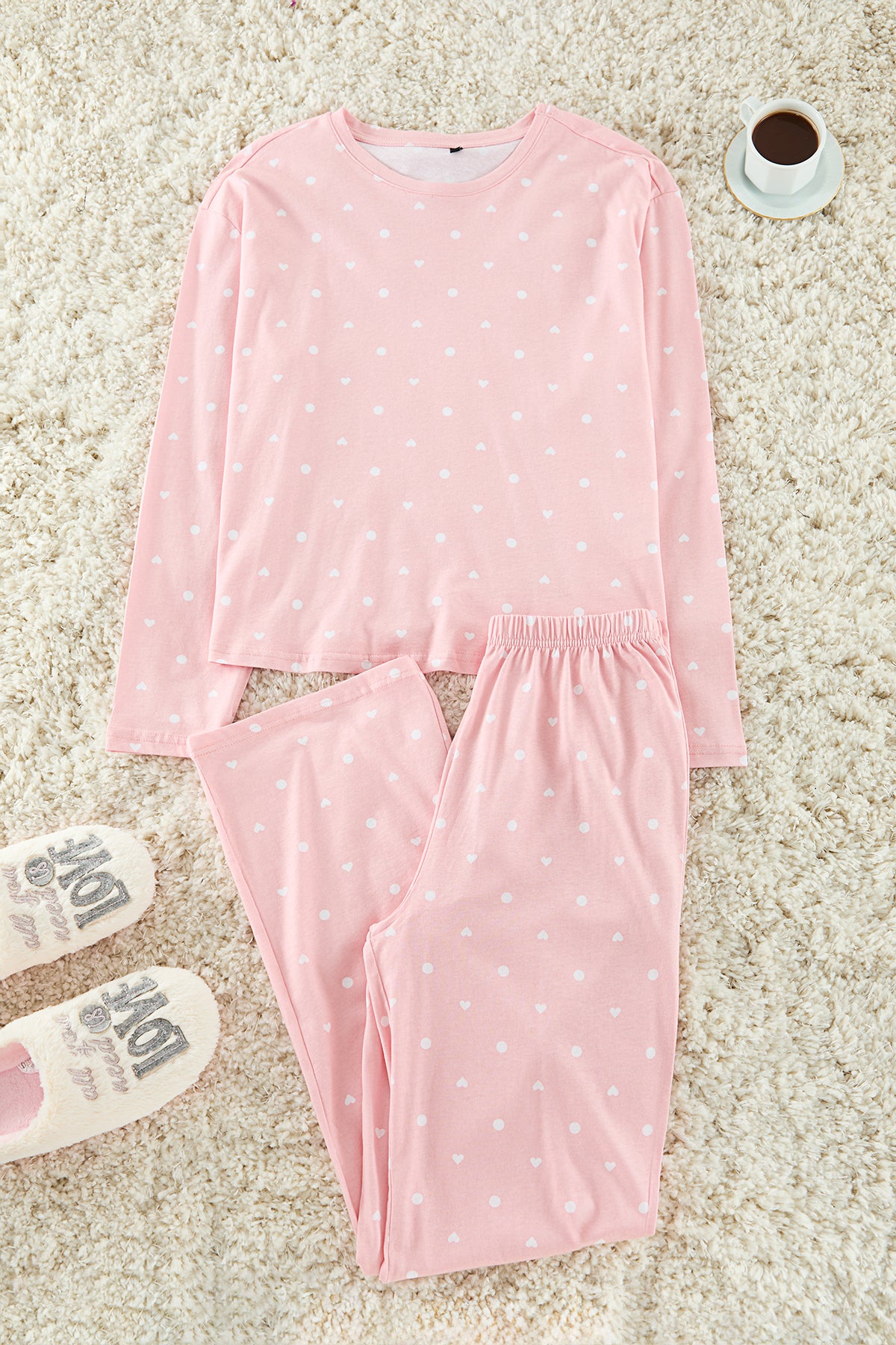 Trendyolmilla Kahverengi %100 Pamuklu Puantiye ve Kalpli Örme Pijama Takımı THMAW25PT00039