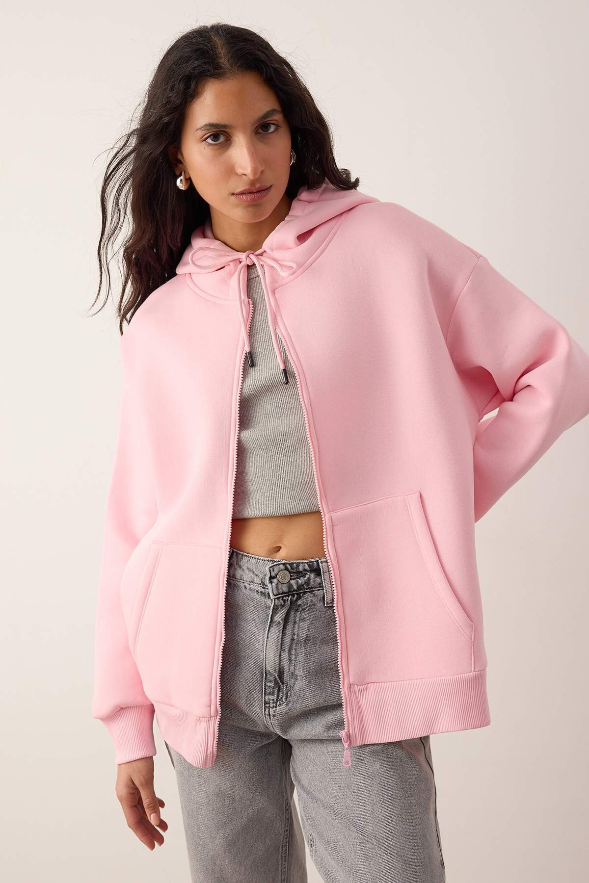 Trendyolmilla Bordo Oversize/Rahat Kesim Fermuarlı Kalın İçi Polarlı Örme Sweatshirt TWOAW24SW00188 Main image