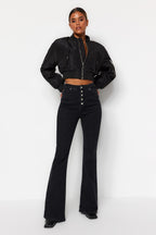 Trendyolmilla Mavi Önden Düğmeli Yüksek Bel Orta Esnek İspanyol Paça Flare Comfort/Esnek Jeans TWOSS20JE0111