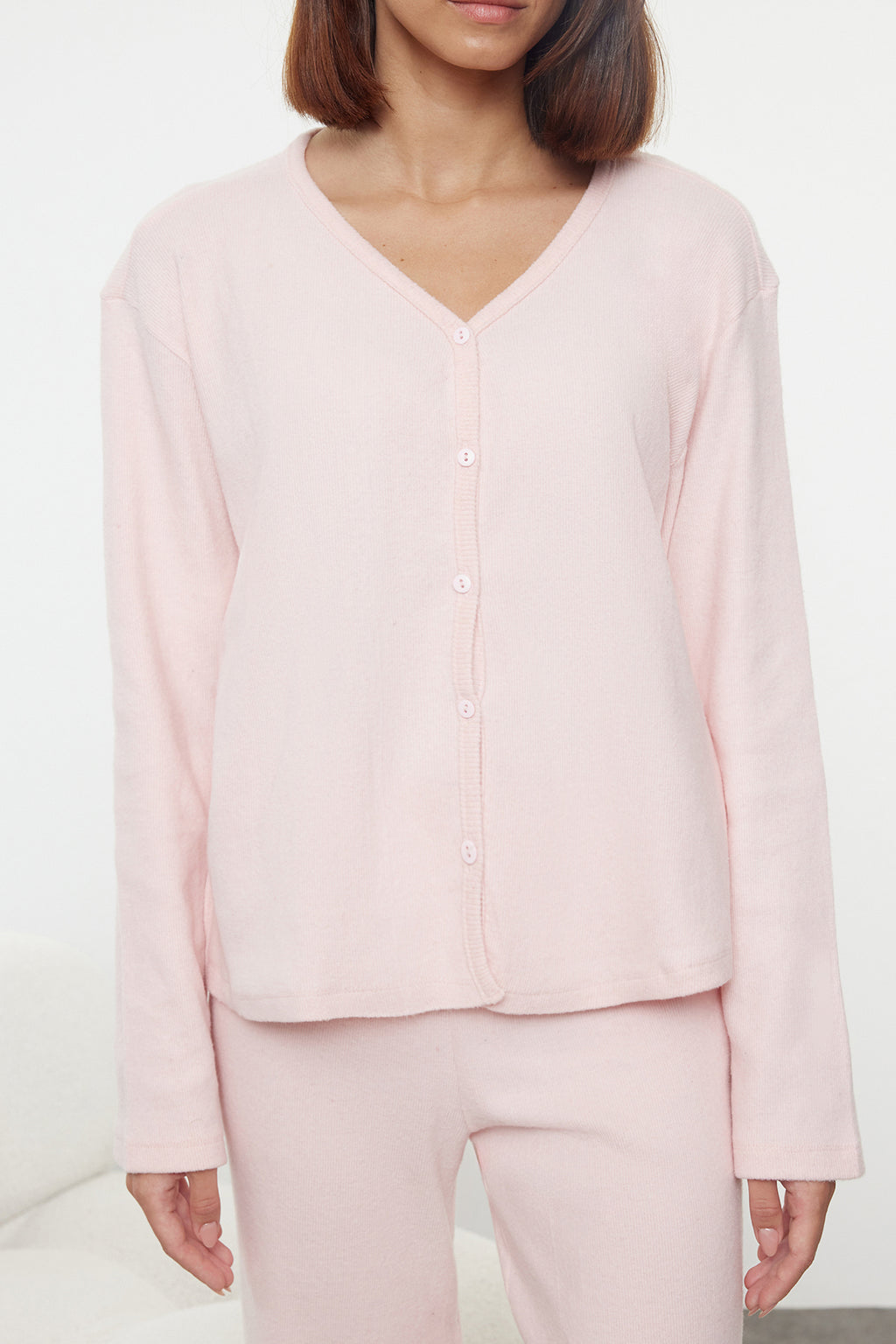 Trendyolmilla Pembe Fırçalı Soft Fitilli Hırka Örme Pijama Takımı THMAW25PT00074
