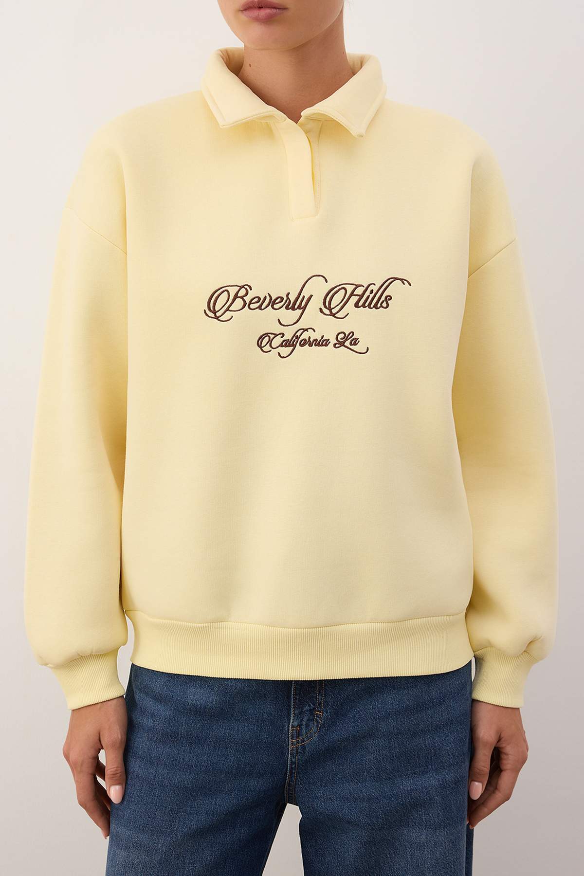 Trendyolmilla Sarı Gömlek Yaka Nakışlı Regular Fit Kalın İçi Polarlı Örme Sweatshirt TWOAW24SW00182