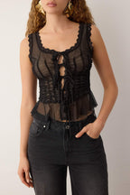 Trendyolmilla Siyah Astarsız Tül Dantel Şeritli Büzgü Detaylı Tül Party Bluz TPRSS25BZ00052