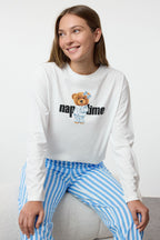 Trendyolmilla Mint %100 Pamuklu Çizgili Ayıcıklı Örme Pijama Takımı THMAW25PT00171