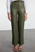 Trendyolmilla Kahverengi Relaxed/Rahat Straight/Boru Paça Dikiş Detaylı Örme Deri Pantolon TWOAW25PL00068