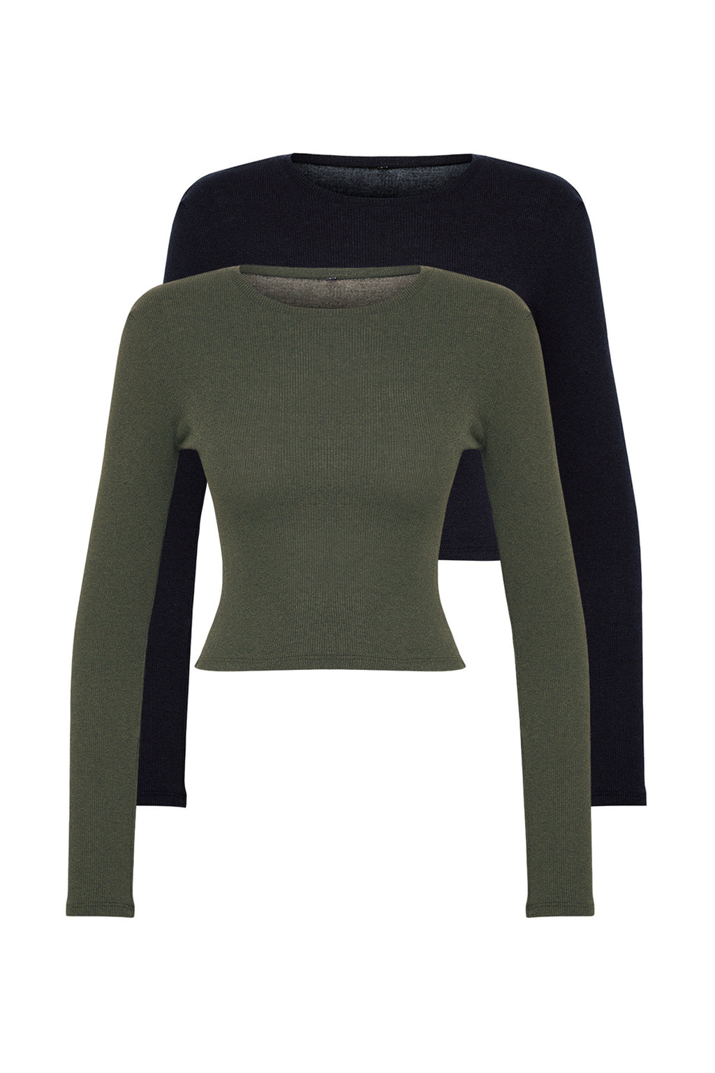 Trendyolmilla Kahverengi-Bej 2'li Paket Vücuda Oturan Bisiklet Yaka Fitilli Crop Esnek Örme Bluz TWOAW22BZ0331