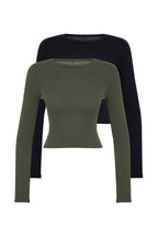 Trendyolmilla Kahverengi-Bej 2'li Paket Vücuda Oturan Bisiklet Yaka Fitilli Crop Esnek Örme Bluz TWOAW22BZ0331