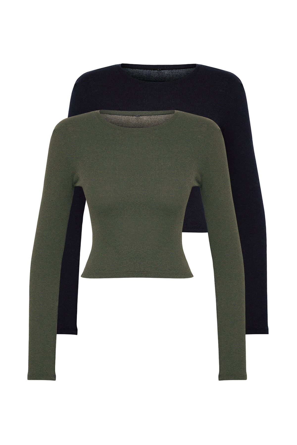 Trendyolmilla Kahverengi-Bej 2'li Paket Vücuda Oturan Bisiklet Yaka Fitilli Crop Esnek Örme Bluz TWOAW22BZ0331