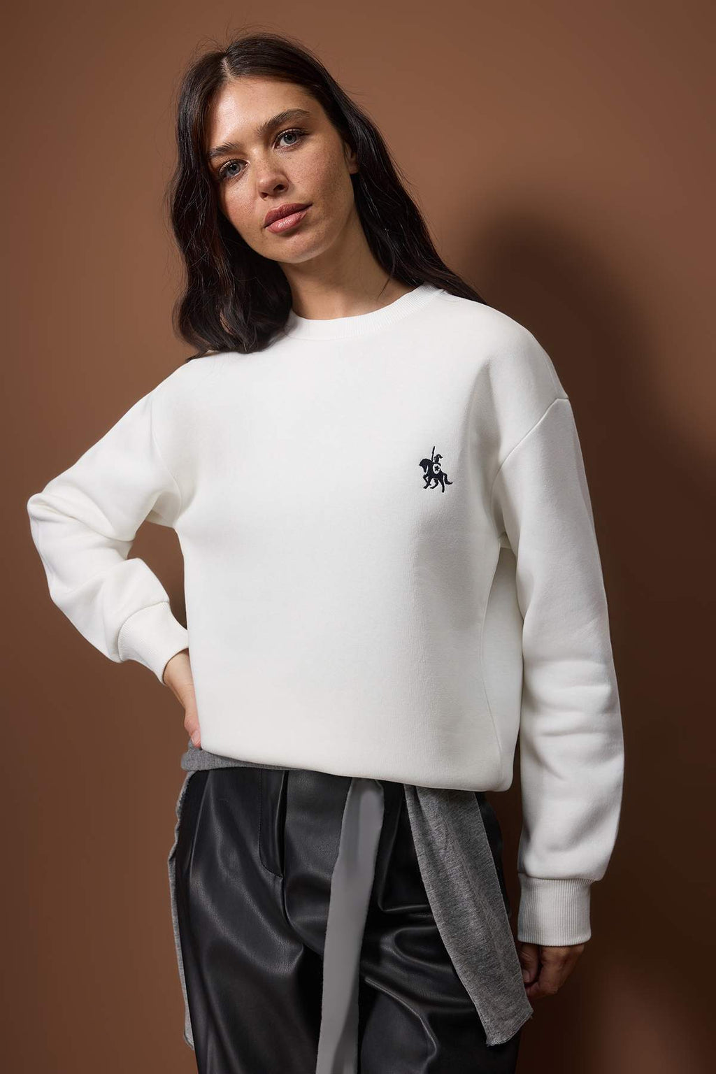 Ekru Kalın İçi Polarlı Regular/Normal Kalıp Nakışlı Örme Sweatshirt TWOAW26SW00253