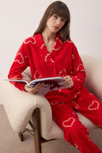 Kırmızı Kalpli Polar Kışlık Örme Pijama Takımı THMAW25PT00058