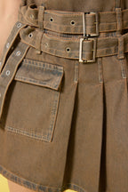Kahverengi Kemerli Cep Detaylı Pileli Mini Denim Elbise TWOSS25EL00172