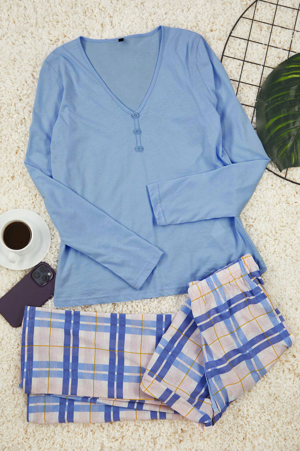 Mavi %100 Pamuklu Ekoseli Bağlama ve Düğme Detaylı Örme Pijama Takımı THMAW25PT00004