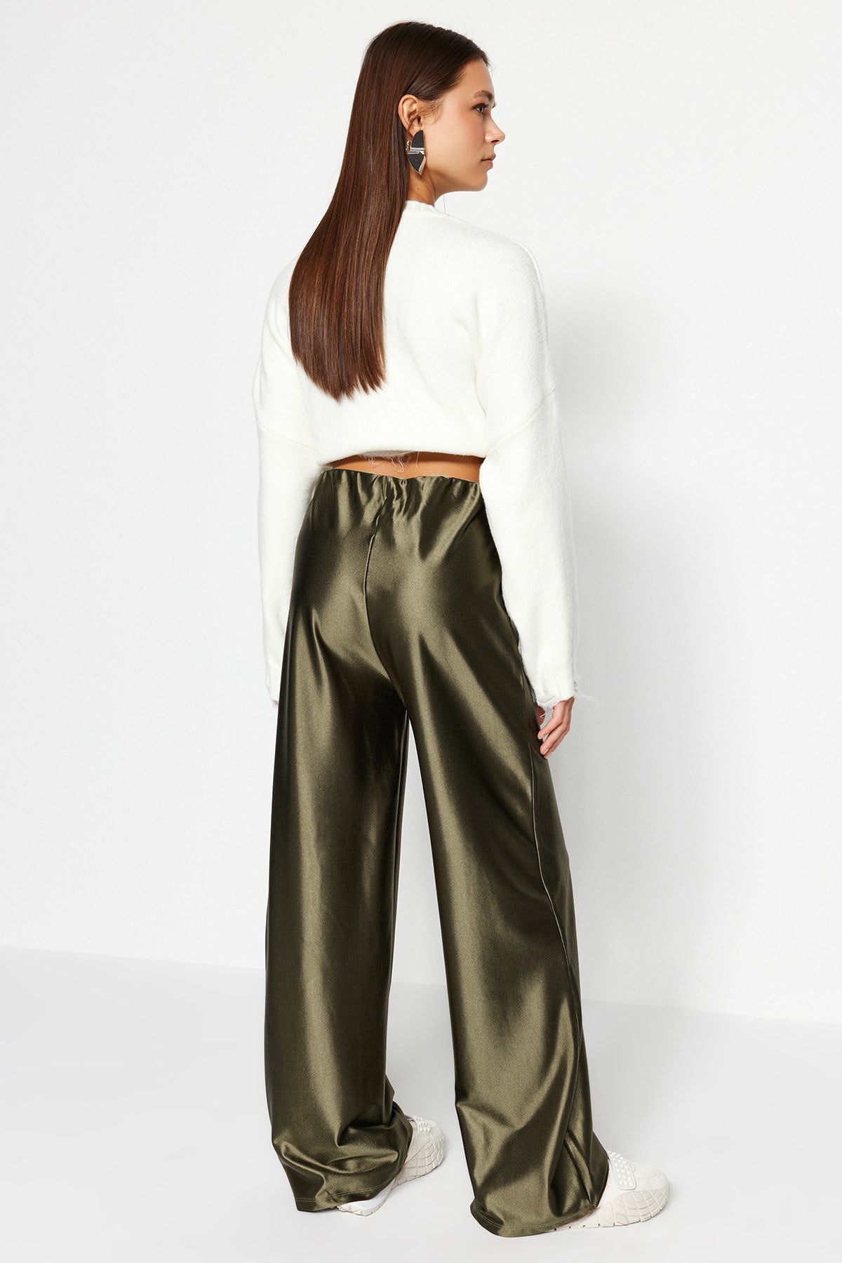Haki Premium Saten Wideleg/Geniş Paça Örme Pantolon TWOAW24PL00064