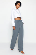 Trendyolmilla Ekru Yüksek Bel Wide Leg/Geniş Paça Pilili Dokuma Kumaş Pantolon TWOAW21PL0076